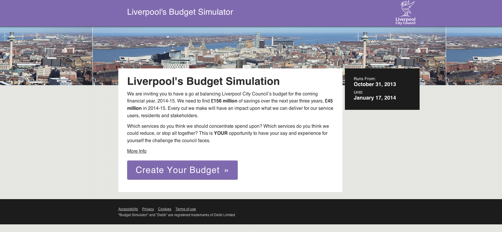 Screen shot of Liverpool's Budget Simulator welcome page
