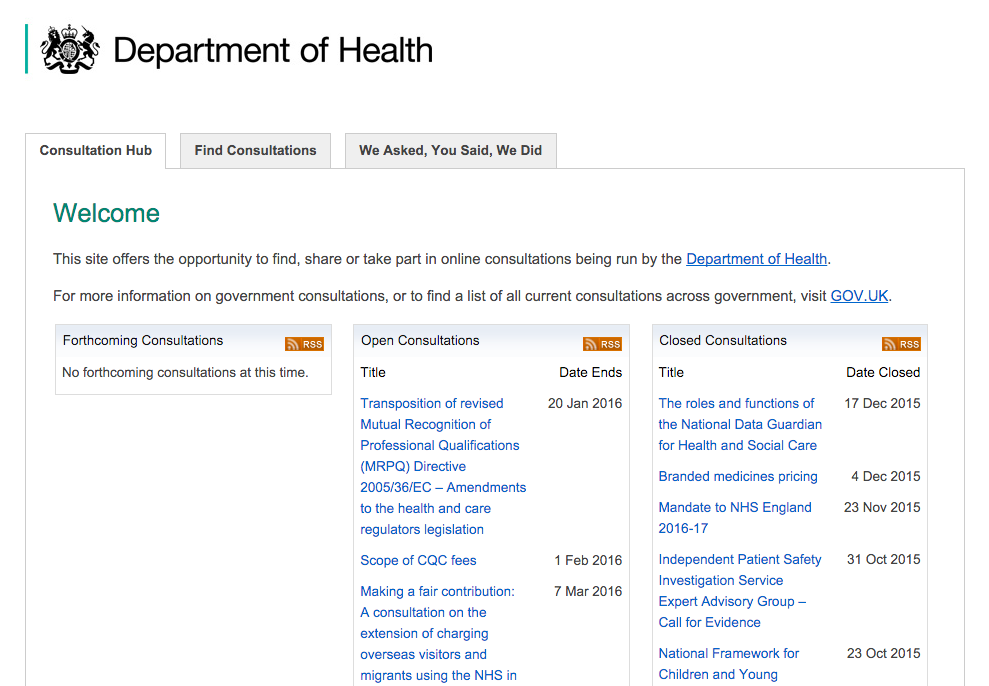 Screenshot of Department of Health Citizen Space