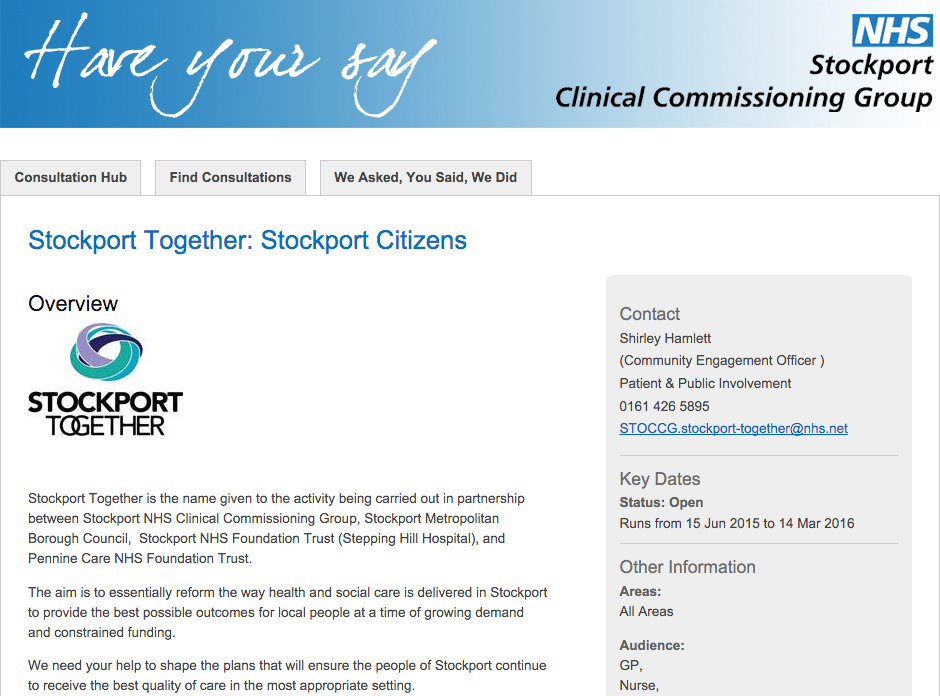 Screenshot from Stockport CCG's Citizen Space