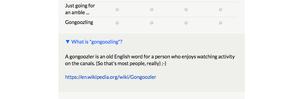 A gongoozler is an old English word for a person who enjoys watching activity on the canals