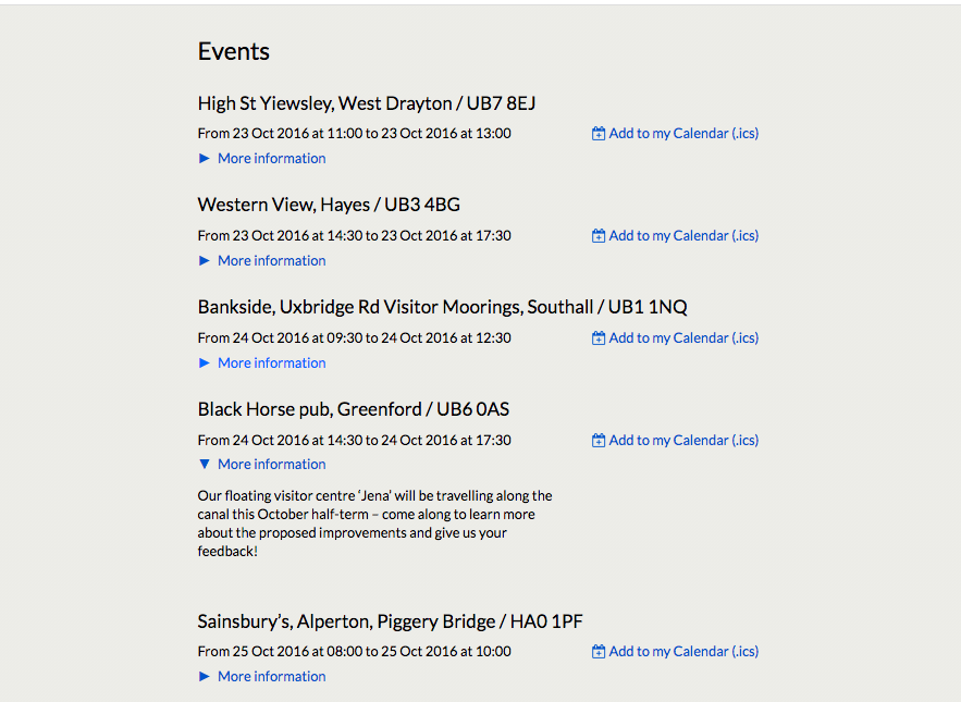 Screenshot of events section in the footer