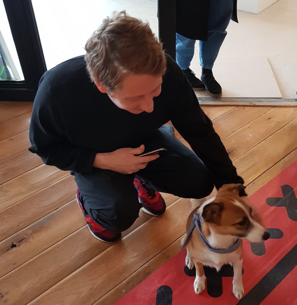 Photo of Ben from Delib stroking a small dog wearing a bandana
