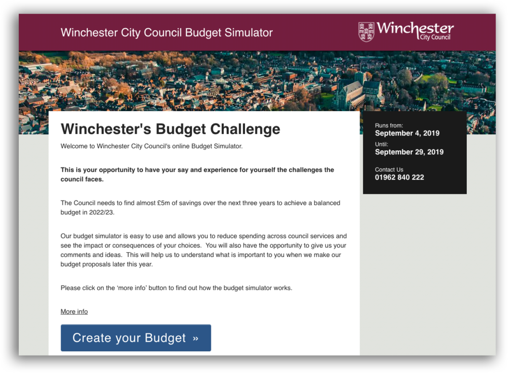 Screenshot of the front page of Winchester City Council's budget Simulator