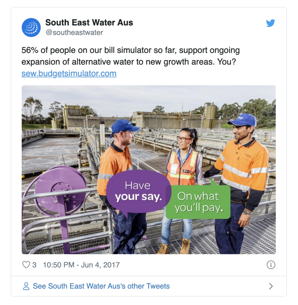Tweet from South East Water Aus "56% of people on our bill simulator so far, support ongoing expansion of alternative water to new growth areas. You?" 