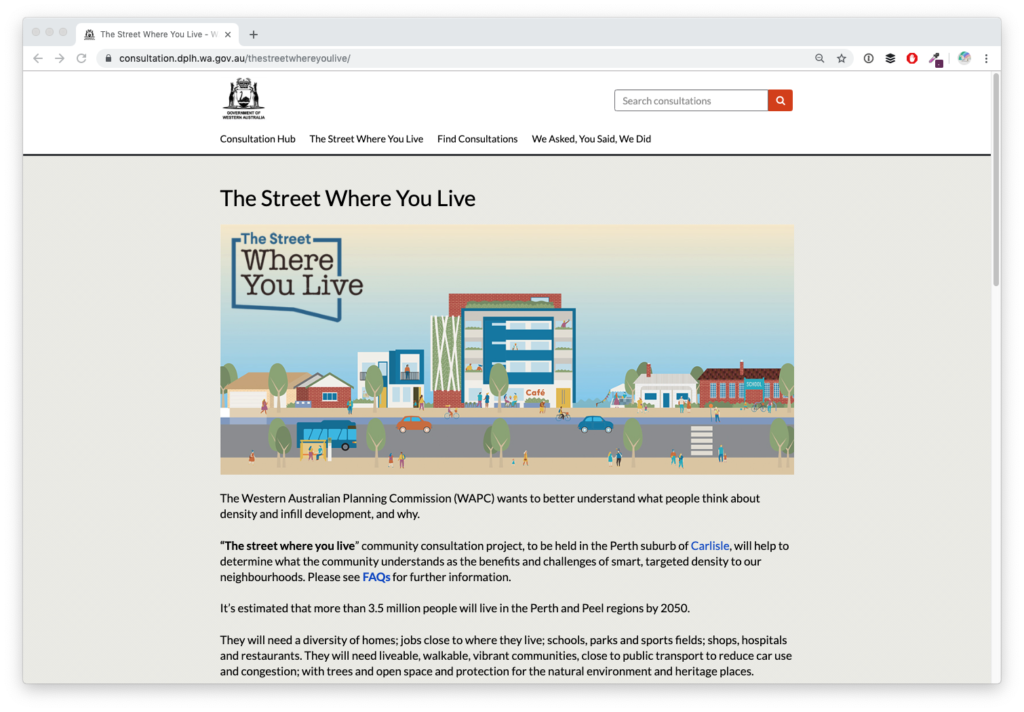 Screenshot of Western Australia Department of Planning, Lands & Heritage's planning engagement project, The Street Where You Live, on Citizen Space.