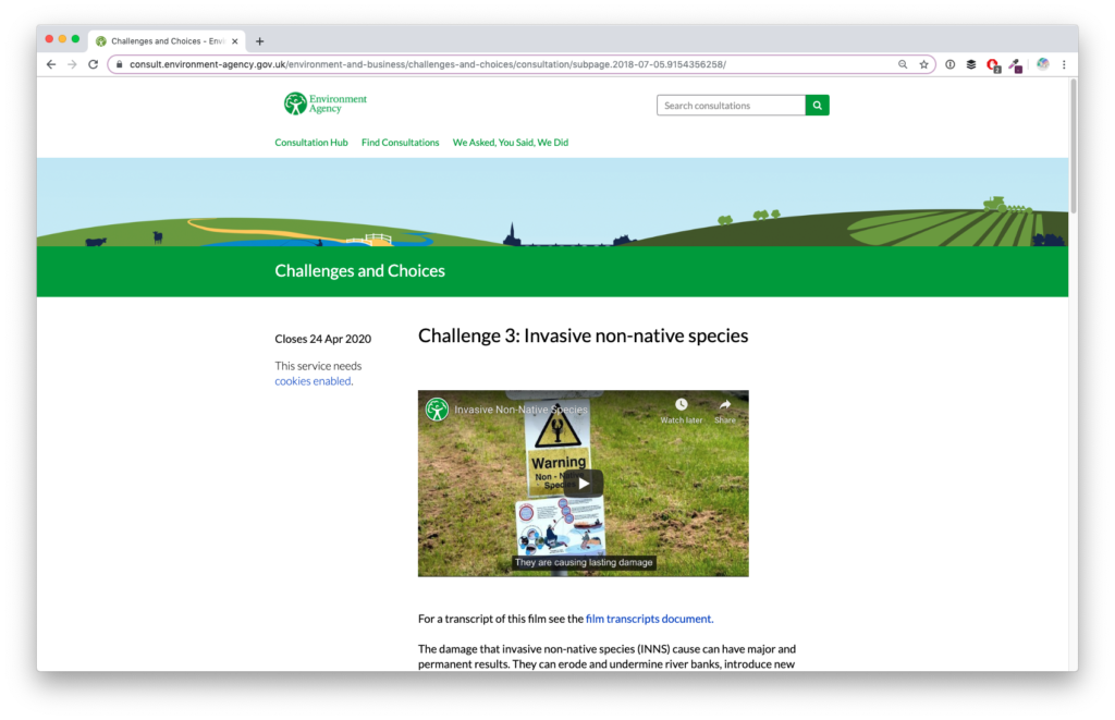 Screenshot of the Environment Agency's public consultation on effects of climate change on english waterways