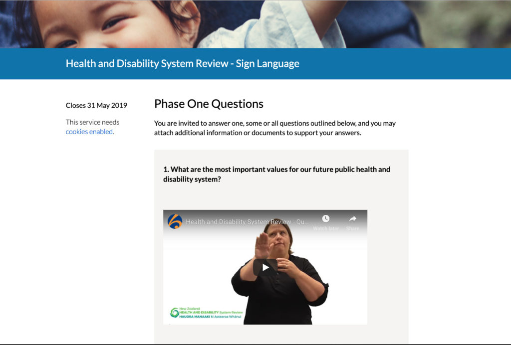 Screenshot of the Health & Disability System Review's consultation with embedded sign language videos