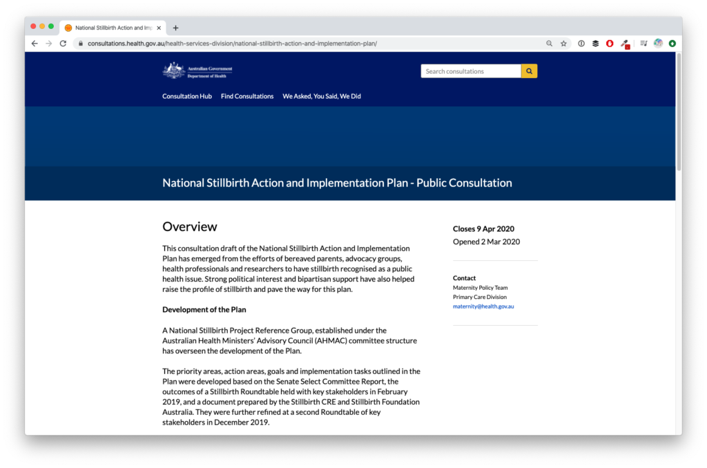 Screenshot of Australian Department of Health's consultation named 'National Stillbirth Action and Implementation Plan'
