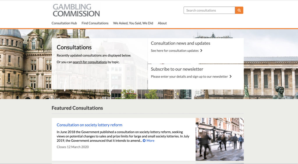 Image of Gambling Commission's Citizen Space landing page, demonstrating the use of link tiles in the header