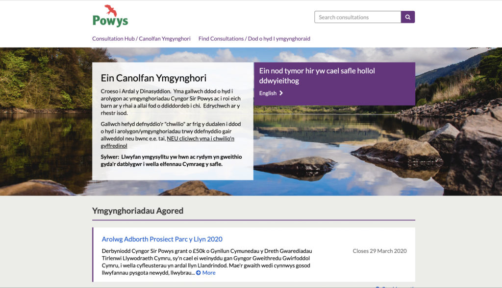 Image of Powys Council's second Citizen Space landing page, written in Welsh, demonstrating the second language option