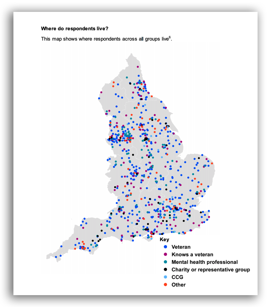 Map of response types by location from NHS England's consultation report on mental health services for veterans