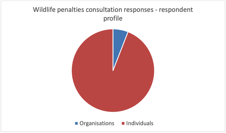 Pie chart displaying respondent type (organisation or individual) from the Scottish Government's consultation report on wildlife crime penalties. Individuals made up the majority of respondents.