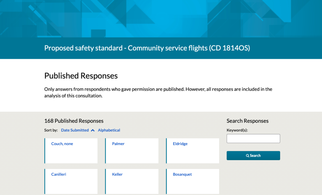 Image showing published responses to the Civil Aviation Safety Authority's Proposed Safety Standard - Community Service Flights consultation