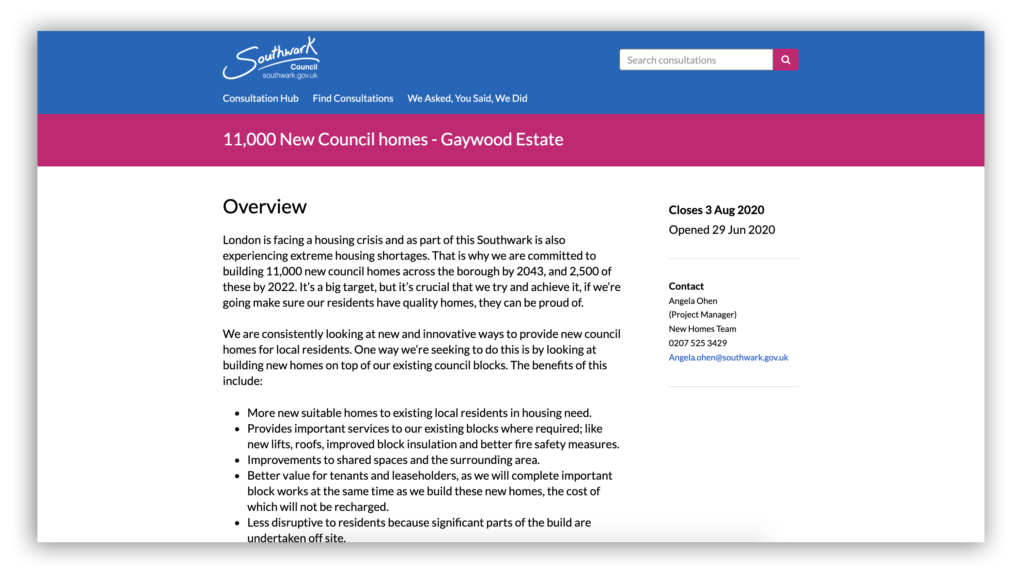 Screenshot of Southwark's '11,000 new council homes - Gaywood Estate' consultation