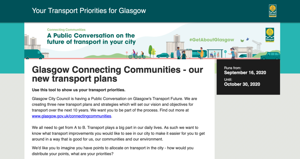 Glasgow City Council's Transport Simulator overview page, title 'Glasgow Connecting Communities - our new transport plans'