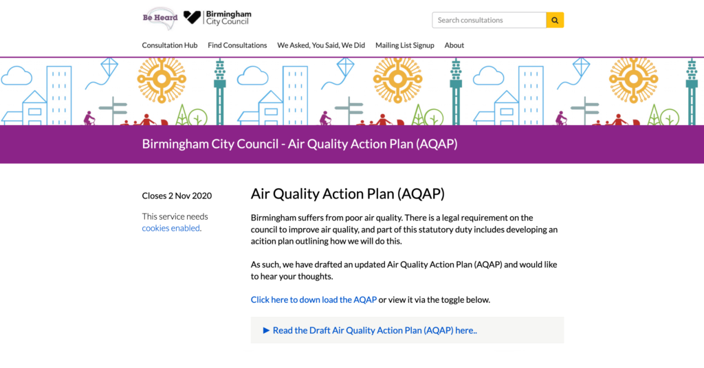 screenshot of Birmingham's Air Quality Action Plan consultation