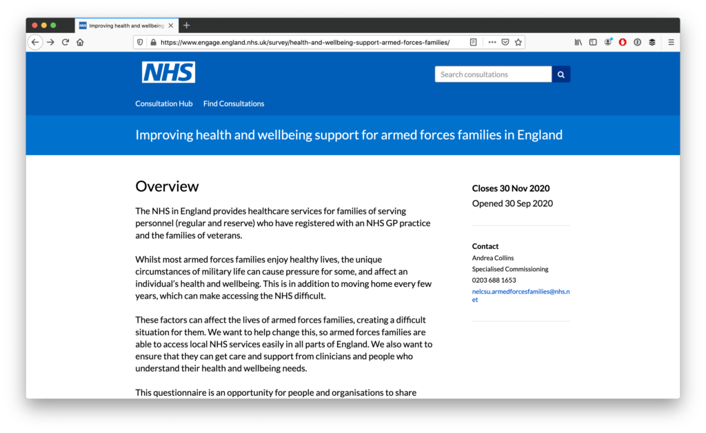 Screenshot of overview page of NHS England's consultation, title 'Improving health and wellbeing support for armed forces families in England'