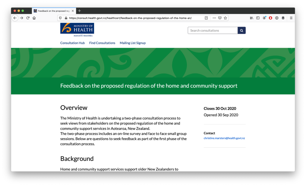 Screenshot of the overview page of New Zealand Department of Health's consultation, title 'Feedback on the proposed regulation of the home and community support'