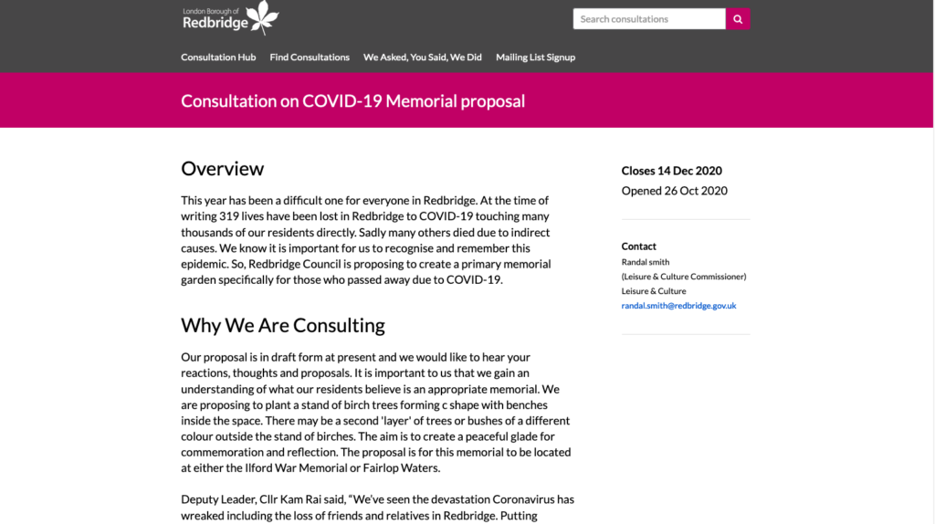 Screenshot of Redbridge's 'Consultation on COVID-19 Memorial proposal' public consultation