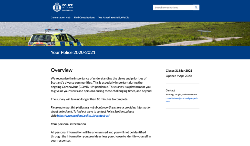 Screenshot of Police Scotland's 'Your Police 2020-2021' consultation overview page