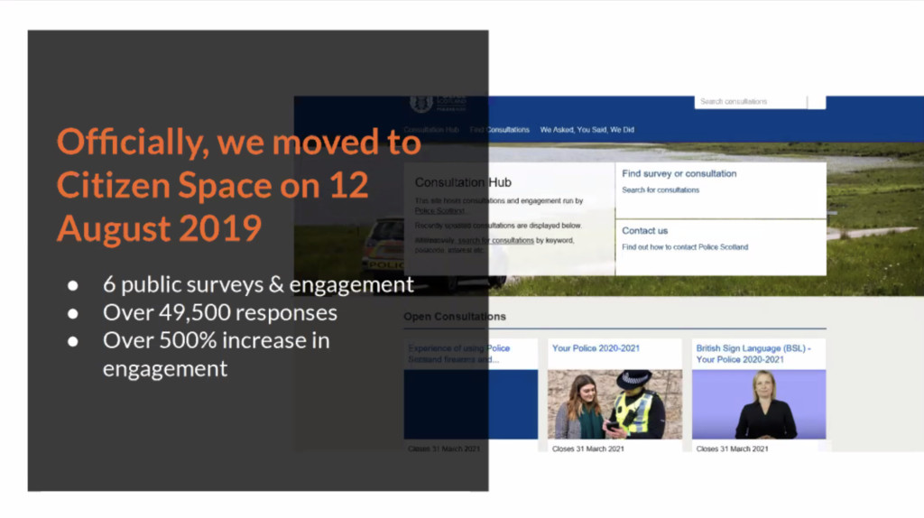 A slide displaying text that reads
'We moved to Citizen Space on 12 August 2019.
-6 public surveys & engagement
-over 49,400 responses
-over 500% increase in engagement