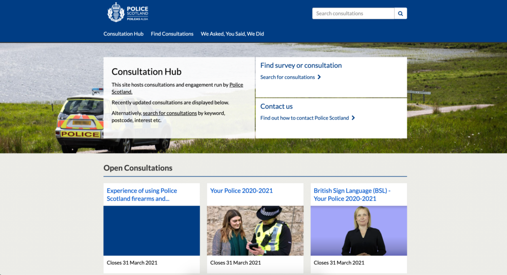 Screenshot of homepage of Police Scotland's Citizen Space site, showing a link to Your Police 2020-2021 as well as a link to a British Sign language version of Your Police 2020-2021.