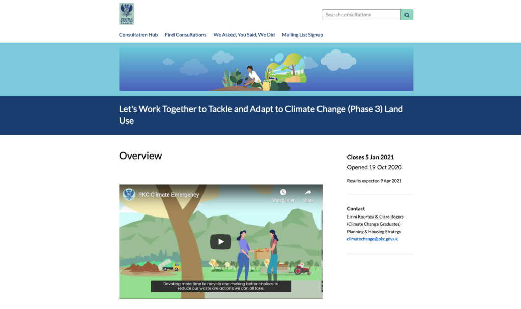 Landing page of Perth & Kinross Council's consultation, 'let's Work Together to Tackle and Adapt to Climate Change (Phase 3) Land Use'