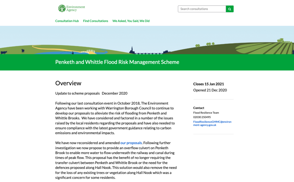 Screenhot of the Environment Agency's Penketh and Whittle Flood Risk Management Scheme consultation