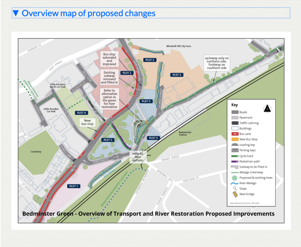 Image of an 'overview map of proposed changes', illustrating, Bristol City Council's proposals for the area, embedded in a Fact Bank