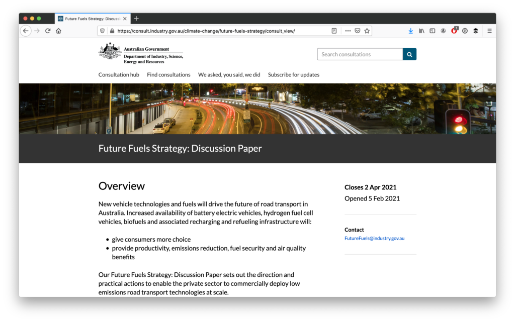 Australian Government's Future Fuels Strategy: Discussion Paper consultation overview page