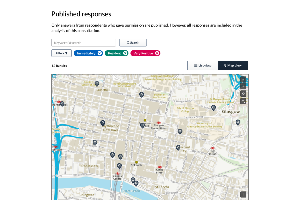 Citizen Space Geospatial's 'published responses' feature, which displays submitted responses on an interactive map