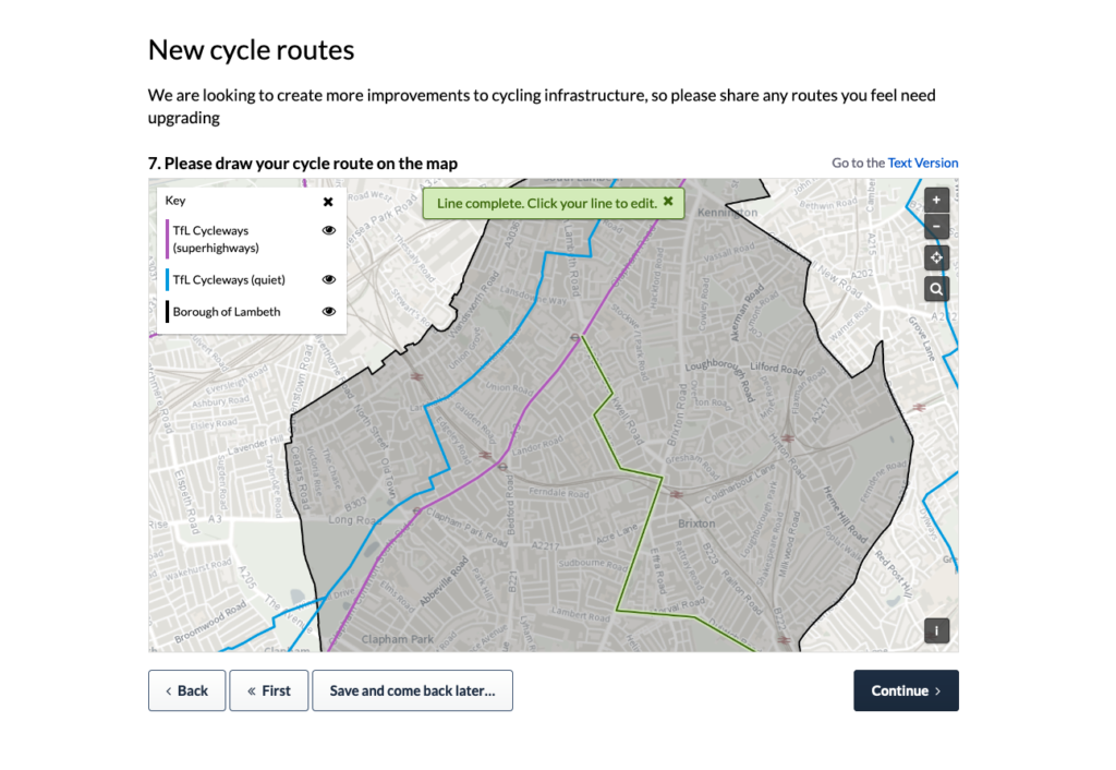 Citizen Space Geospatial's 'draw line/route' activity type, displaying a user-added route over a map of Lambeth