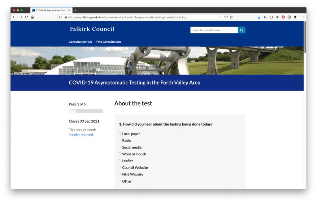 Screenshot of Falkirk's 'COVID-19 Asymptomatic testing in the Forth Valley Area' consultation