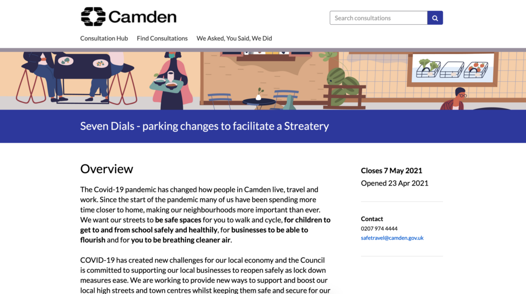 Screenshot of Camden Council's Seven Dials 'streatery' consultation overview