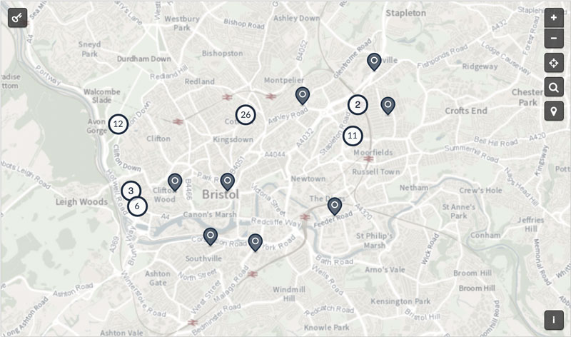 Screenshot of map in Citizen Space that shows pins and clusters of geospatial response data - pins for individual responses and circles with a number representing the number of geospatial responses clustered at that location.